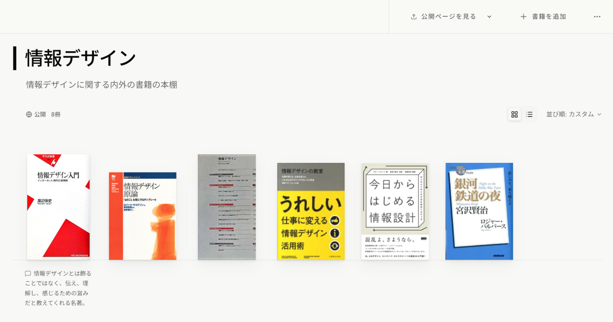 本棚画面。本棚の名前「情報デザイン」と説明、公開の別と冊数、棚板の上に並んだ書影